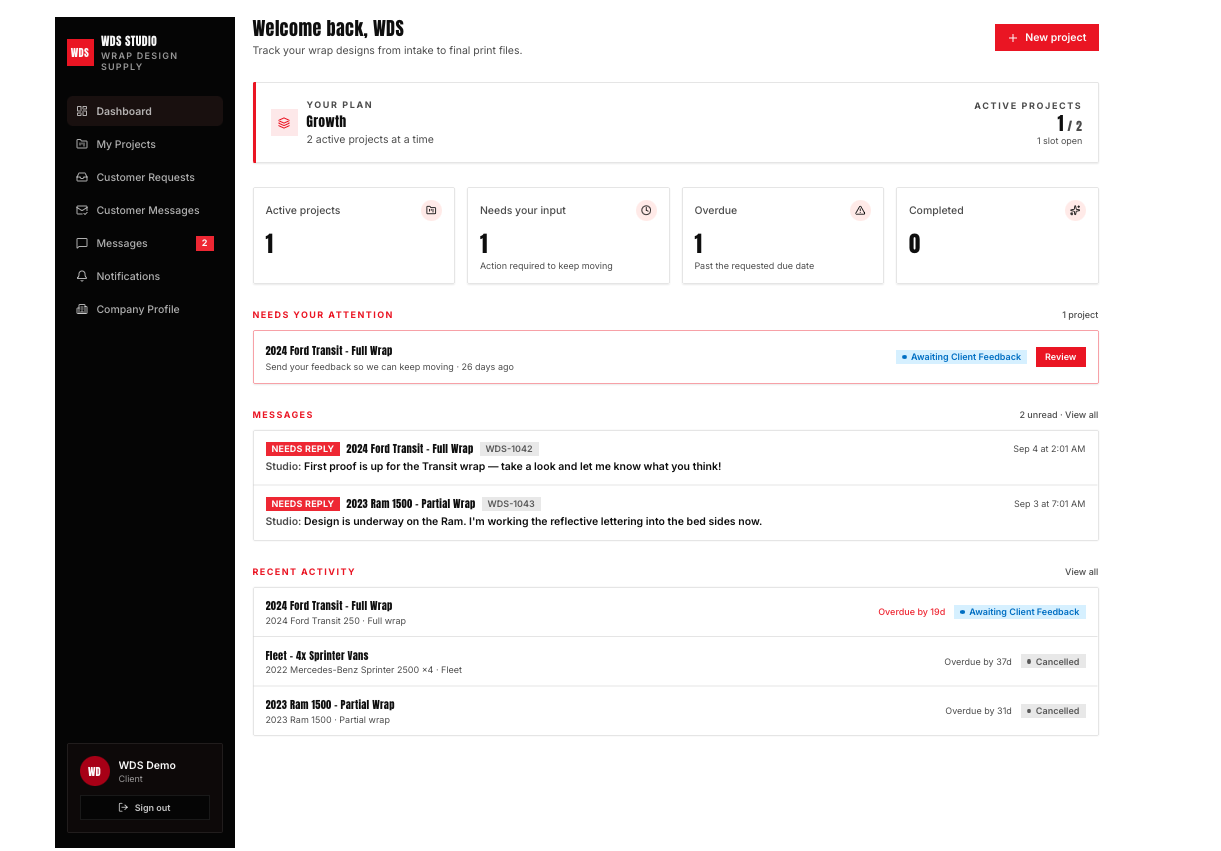 WDS Studio dashboard